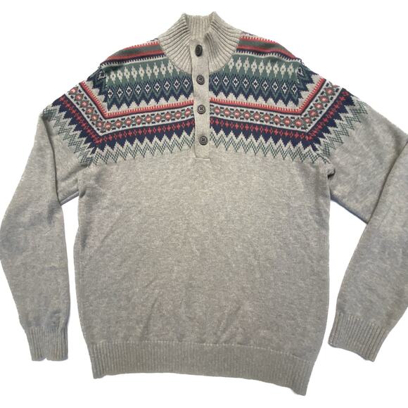 Izod Pullover 100% Cotton Mock Turtleneck Fair Isle Grandpa Sweater Men M Gray - Picture 1 of 6